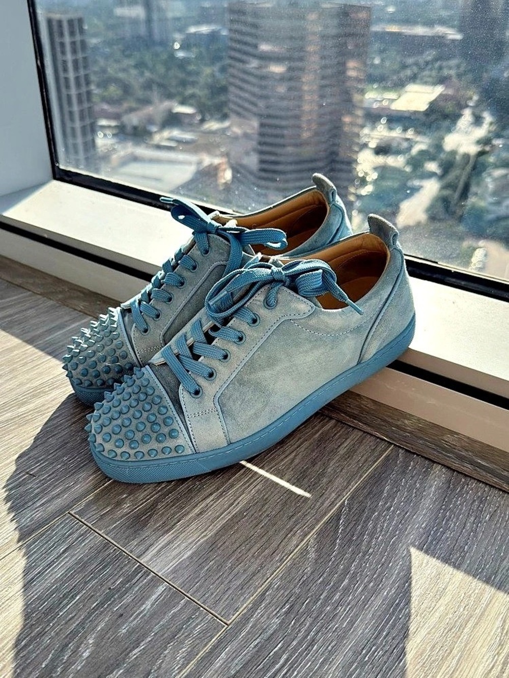 Christian Louboutin Louis Junior Spikes Suede Flat Sneakers Blue EU 41